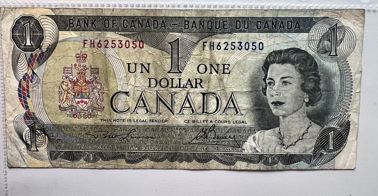 Canadian-1973-$1-Note-With-Fh-Prefix-To-S/N