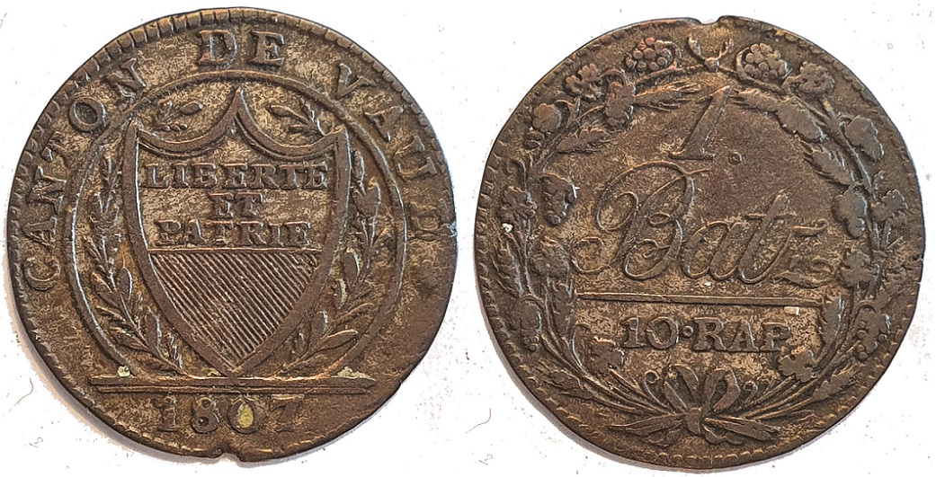 Swiss-Canton,-Vaud-1807-1-Batz-10-Rappen---Mint?