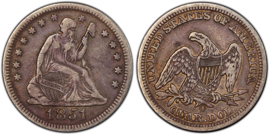 1851-O-Liberty-Seated-Quarter-Type-2,-No-Motto-For-Grading