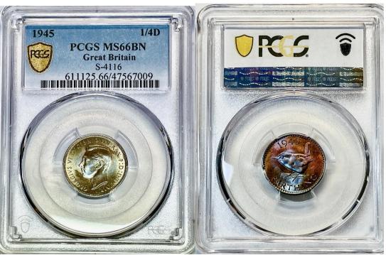Toned-1945-Great-Britain-Farthing-PCGS-MS-66-BN