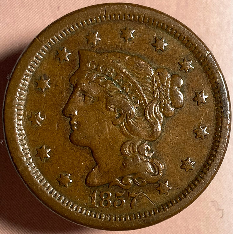 1857-Coronet-Cent-For-Evaluation-And-Grade