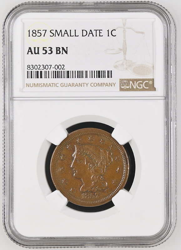 1857-Coronet-Cent-For-Evaluation-And-Grade