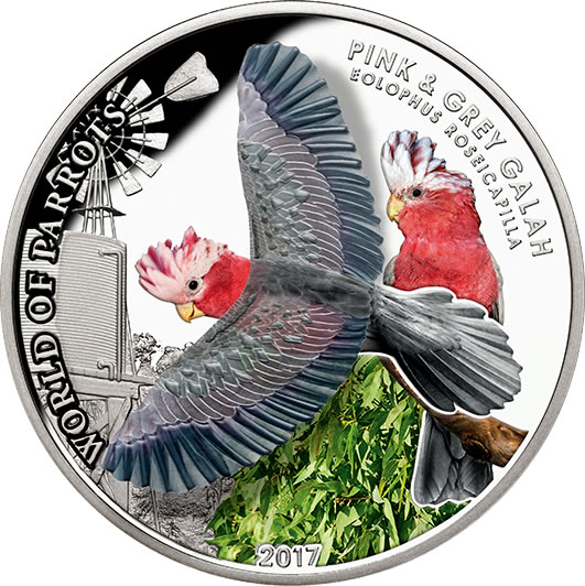 RCM-New-Release:-2017-$5-Sterling-Silver-3-D-Coin-�-World-Of-Parrots:-Pink-&-Grey-Galah