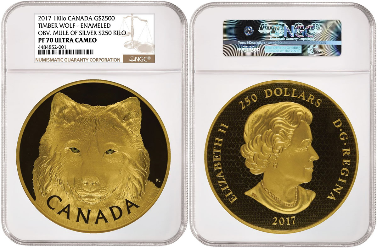 Error-Highlight:-2017-Canadian-Timber-Wolf-Obverse-Mule-Of-$250-Silver-Kilo-NGC-PF-70UC