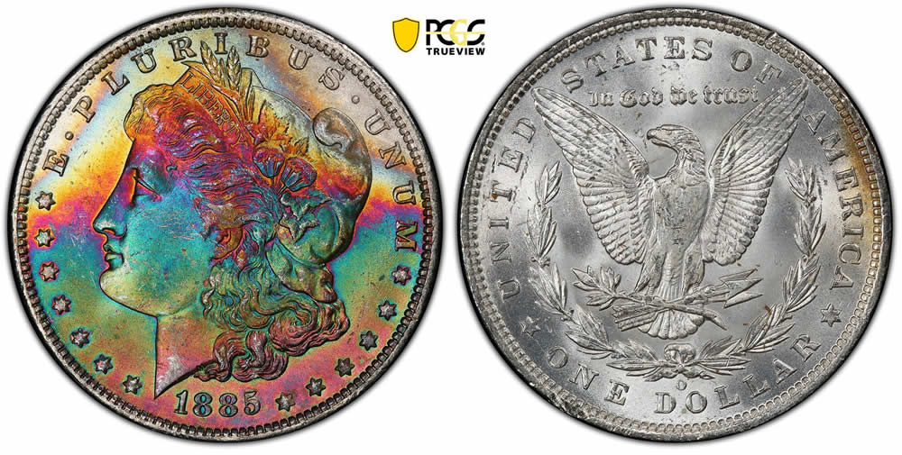 Rainbow-1885-O-Morgan-Dollar-Graded-PCGS-MS-65+