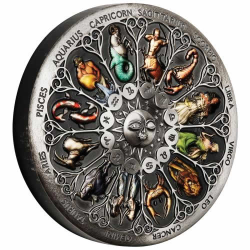 Perth-Mint-New-Release:-Signs-Of-The-Zodiac-2020-5-Oz-Silver-Antiqued-Coloured-Coin