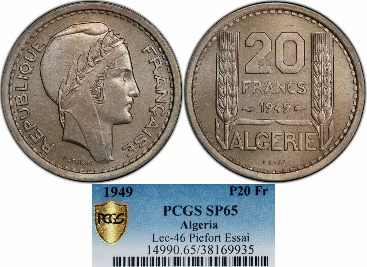 Country-Of-The-Day:-Algeria:-1949-French-Occupation-Copper-Nickel-Piefort-Essai-20-Francs-PCGS-SP-65