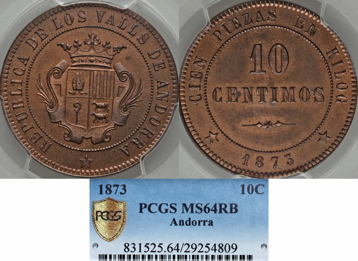 Country-Of-The-Day:-Andorra:-Republic-10-Centimos-1873-MS-64-Red-And-Brown-PCGS