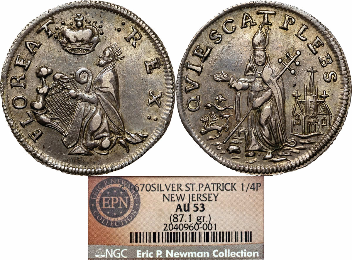 Farthing-Friday:-Circa-1670-Farth-Mark-Newby's-St.-Patrick-Farthing,-Silver-NGC-AU-53