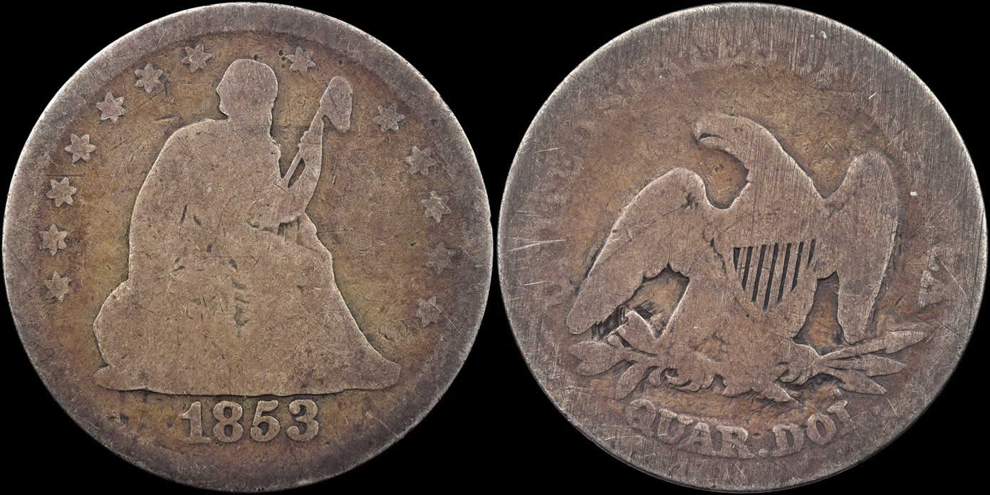Counterfeit-Detection:-1853-Seated-Liberty-Quarter,-Removed-Arrows-And-Rays
