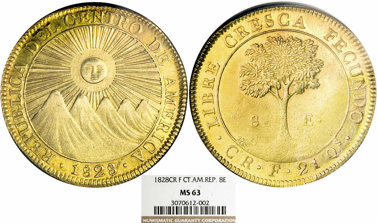 Country-Of-The-Day:-Costa-Rica,-1828f-Cr-Central-American-Republic-Gold-8-Escudos-NGC-MS-63