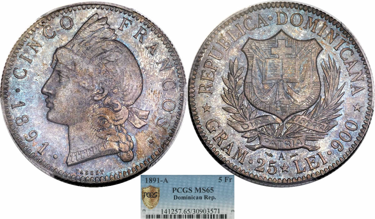 Country-Of-The-Day:-Dominican-Republic,-1891-A-5-Francos-PCGS-MS-65