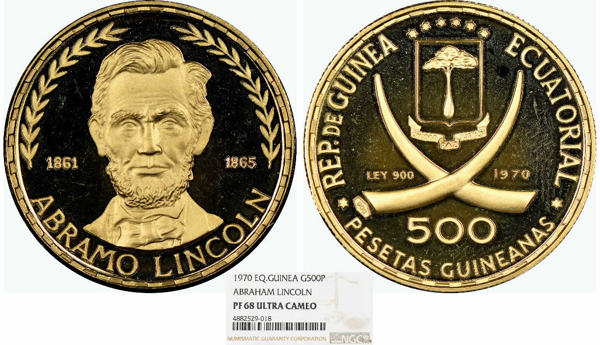 Country-Of-The-Day:-Equatorial-Guinea,-1970-Republic-Gold-Proof-Abraham-Lincoln-500-Pesetas-NGC-PF68