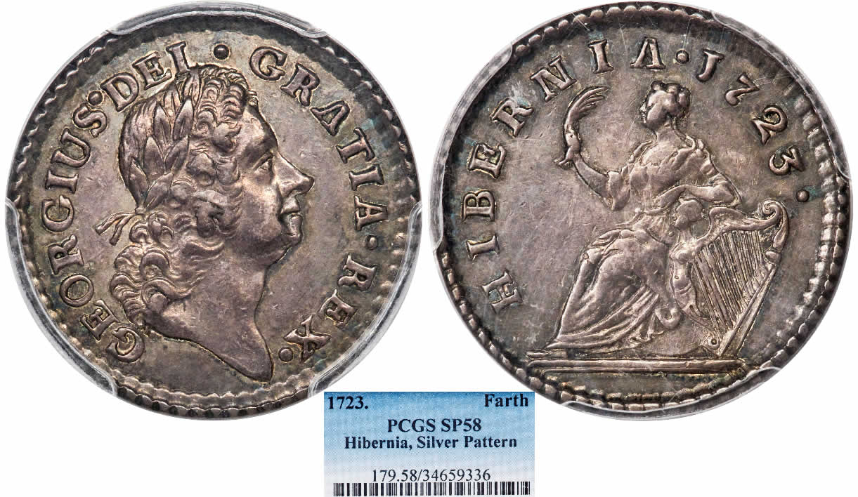 Farthing-Friday:-1723-Farth-Hibernia-Pattern-Farthing,-Silver,-PCGS-SP-58