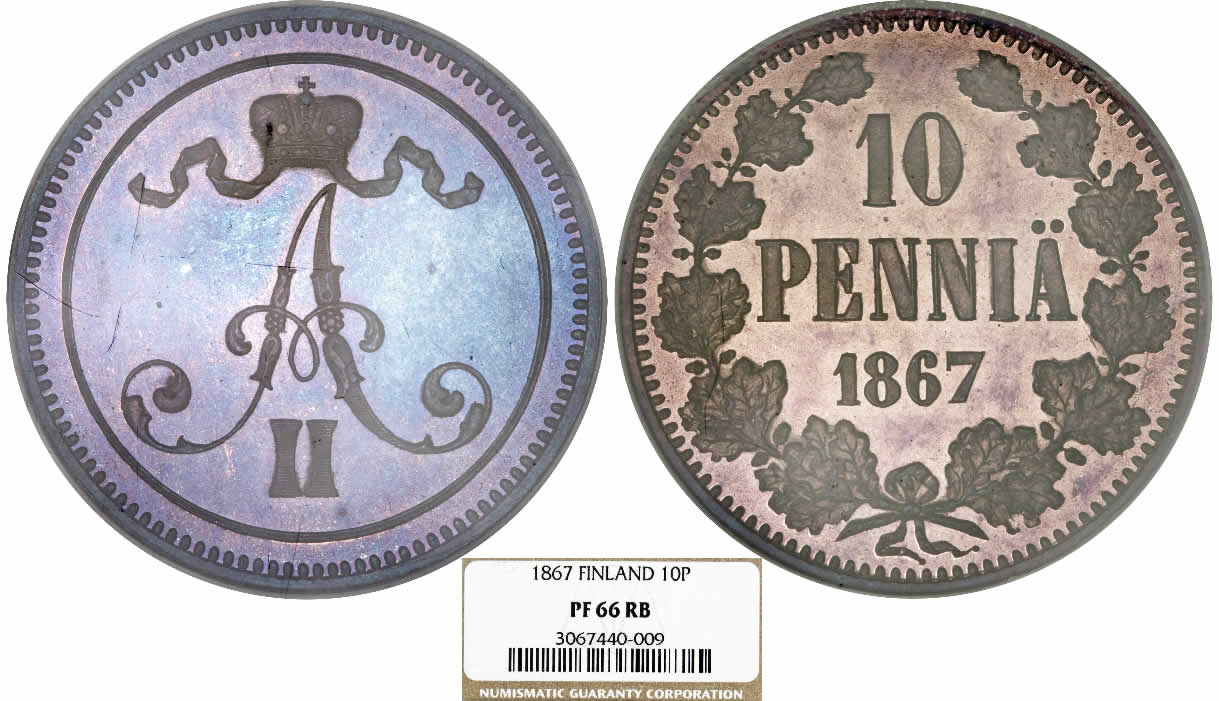 Country-Of-The-Day:-Finland,-1867-Alexander-II-Proof-10-Pennia-Grand-Duchy-Of-Finland-NGC-PF66