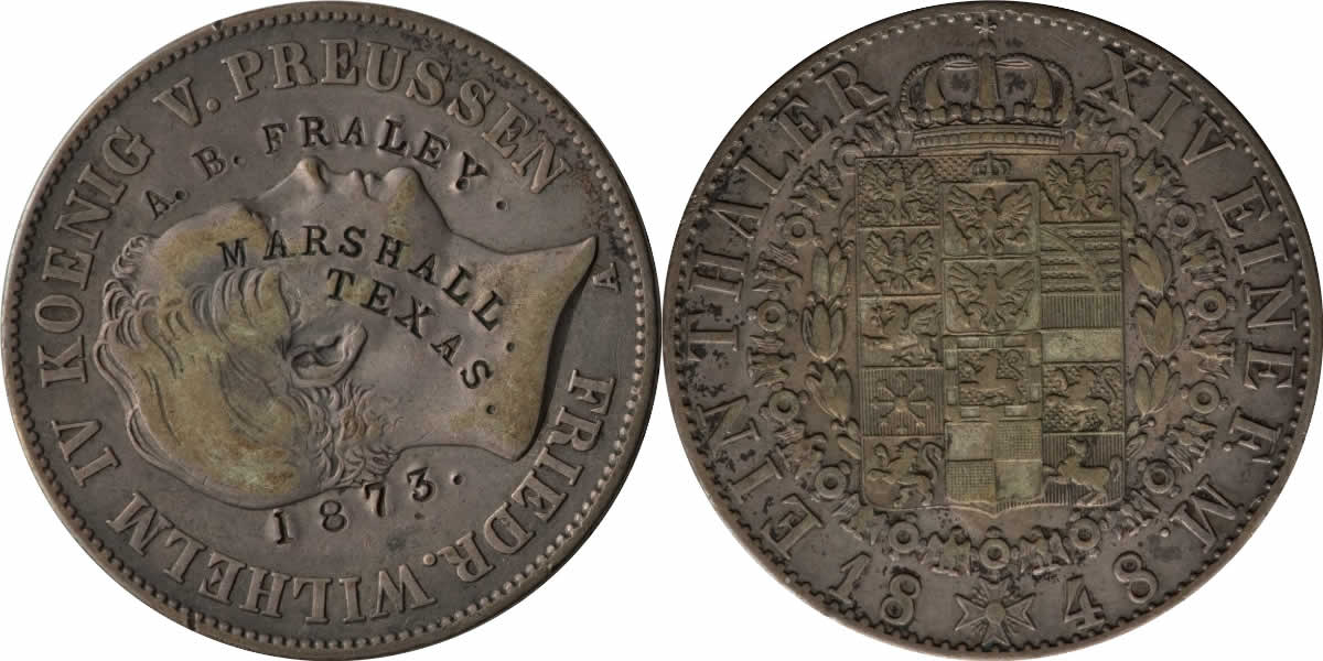Thaler-Thursday:-1848-Prussian-Thaler-Counterstamp-A-B-Fraley-/-Marshall-/-Texas-/-1873
