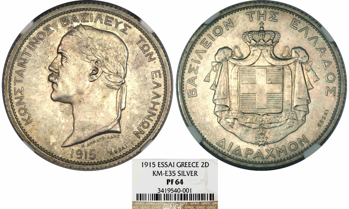 Country-Of-The-Day:-Greece,-1915-Constantine-I-2-Drachmai-Essai-NGC-PF64