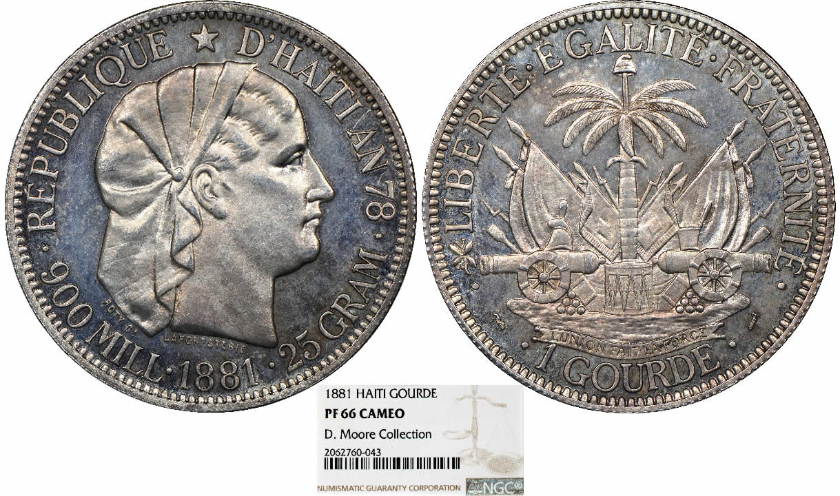 Country-Of-The-Day:-Haiti,-1881-Republic-Proof-Gourde-NGC-PF66-Cameo