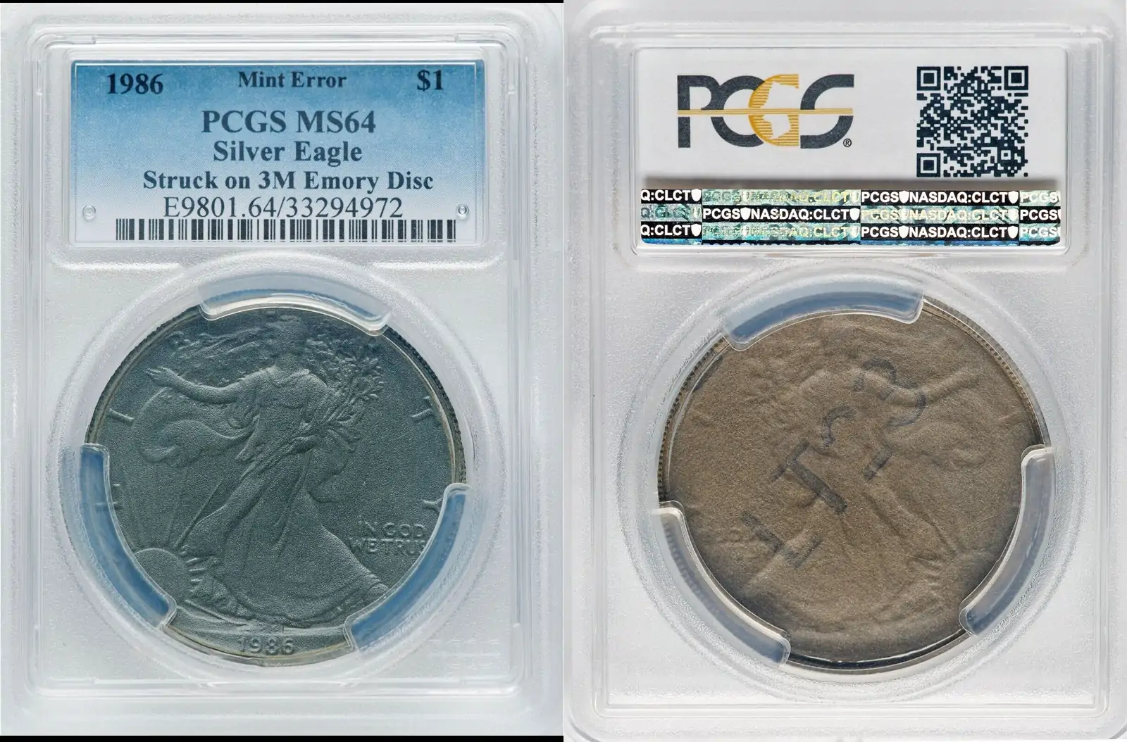 1986-Silver-Eagle-PCGS-MS-64-Struck-On-3m-Emory-Disc