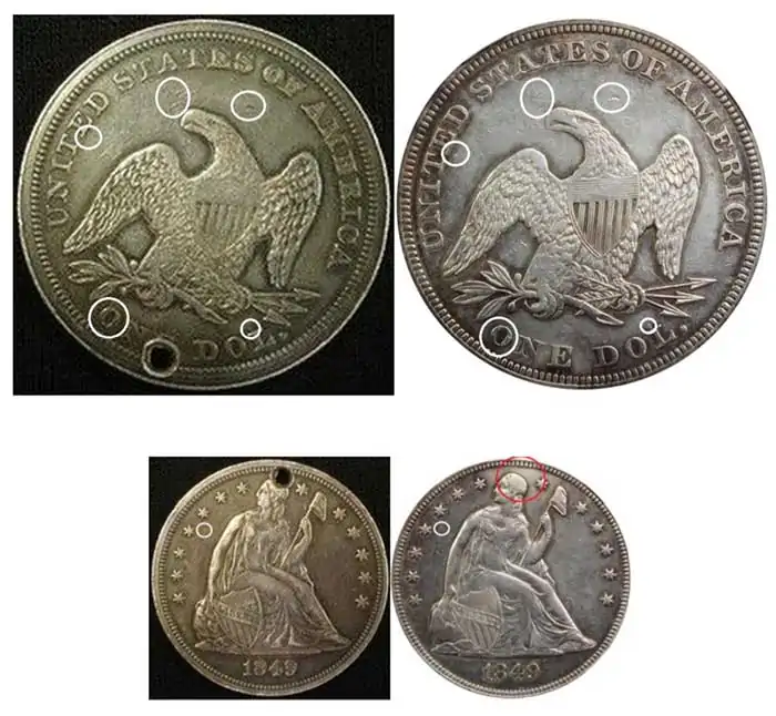 Counterfeit-Detection:-1849-Seated-Liberty-Dollar-Struck-Counterfeit