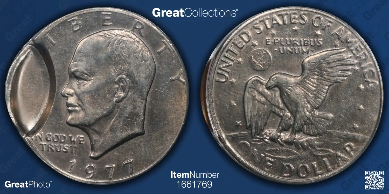 Error-Highlights:-1977-Eisenhower-Ike-Dollar-With-15%-Obverse-Indent-W/-P/C-PCGS-AU-50