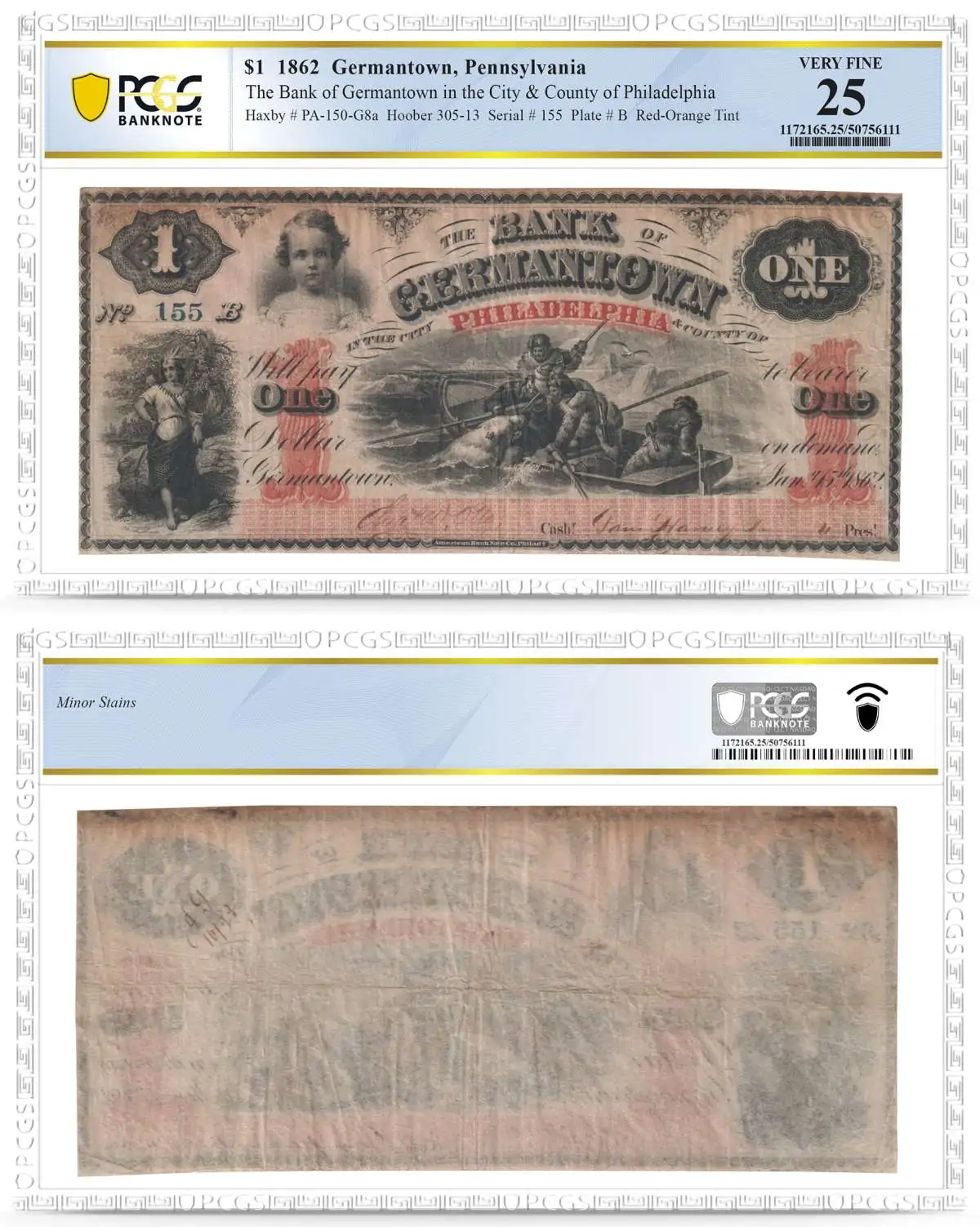 Rare-Bank-Of-Germantown,-PA-$1-Note-Graded-VF25-By-PCGS-Haxby-Ps-150-G8A,-Hoober-305-13