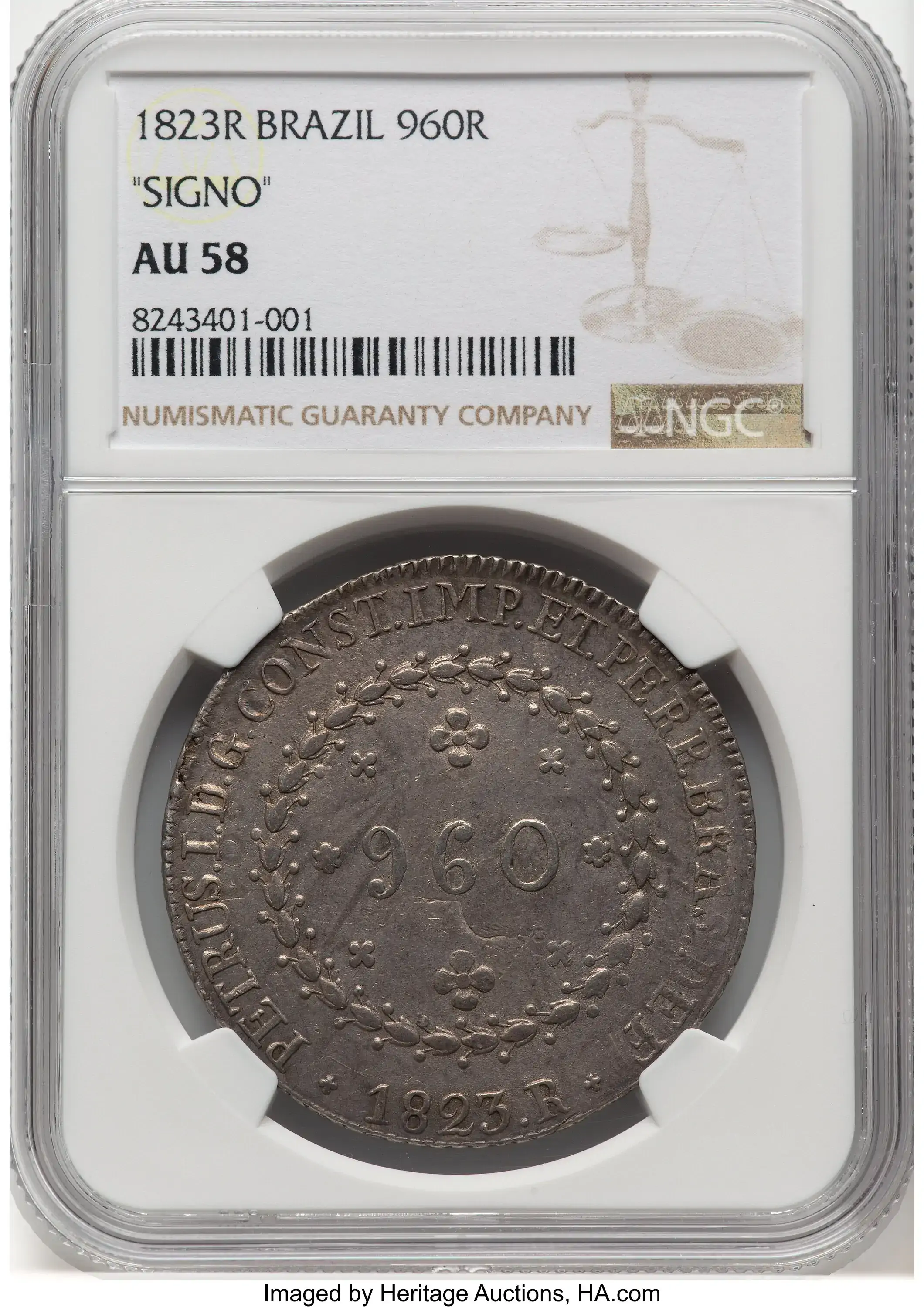 World-Wednesday:-1823-R-Brazil-960-Reis-NGC-AU-58