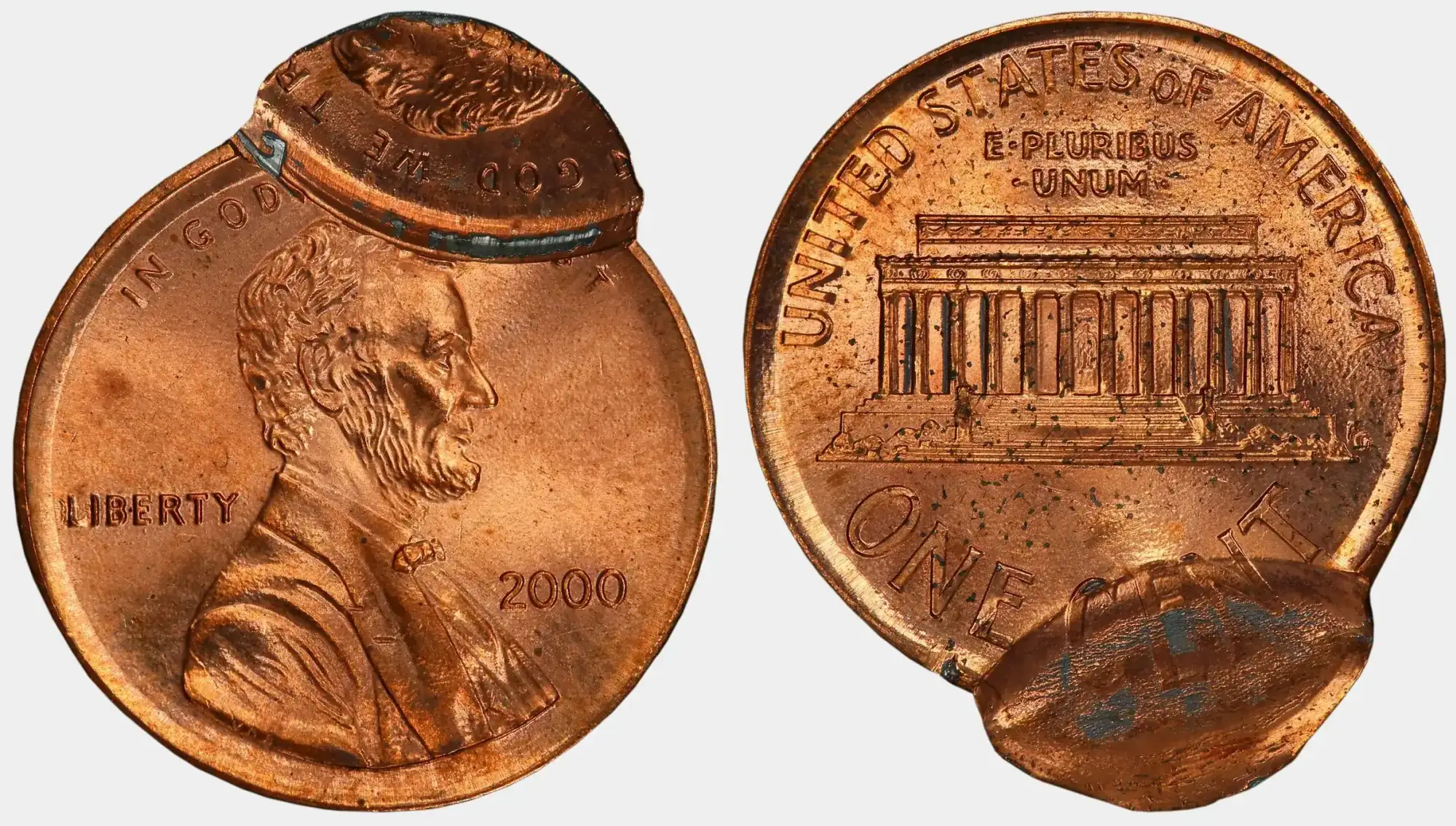 2000-Lincoln-Cent-Mated-Pair,-2nd-Strike-Indented-On-2nd,-1-St-Brockaged-By-Double-Strike-PCGS-MS-64RD
