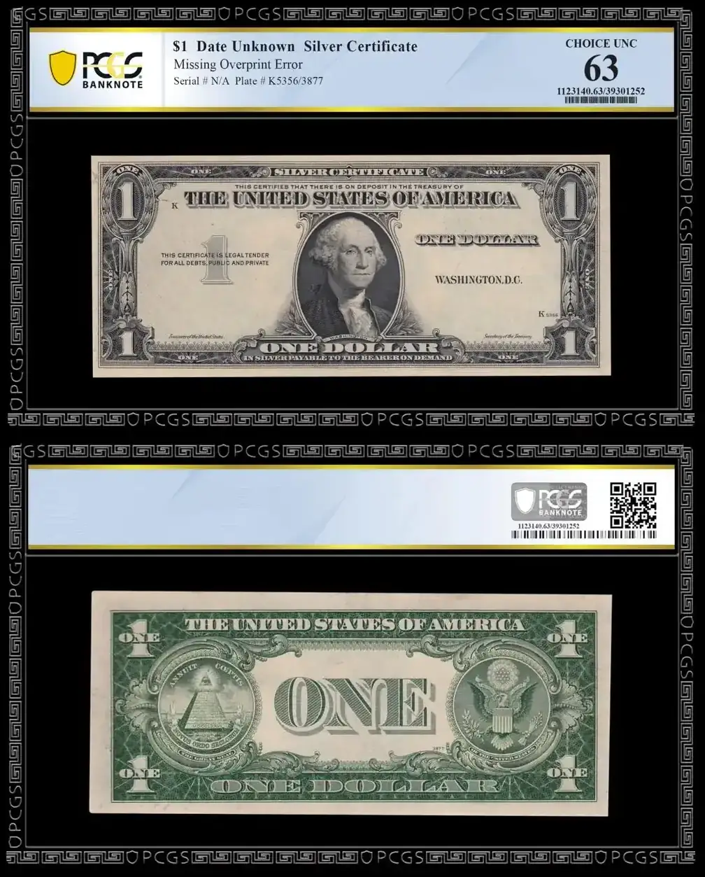 Date-Unknown-$1-Silver-Certificate-Missing-Overprint-Error-PCGS-Choice-Unc-63
