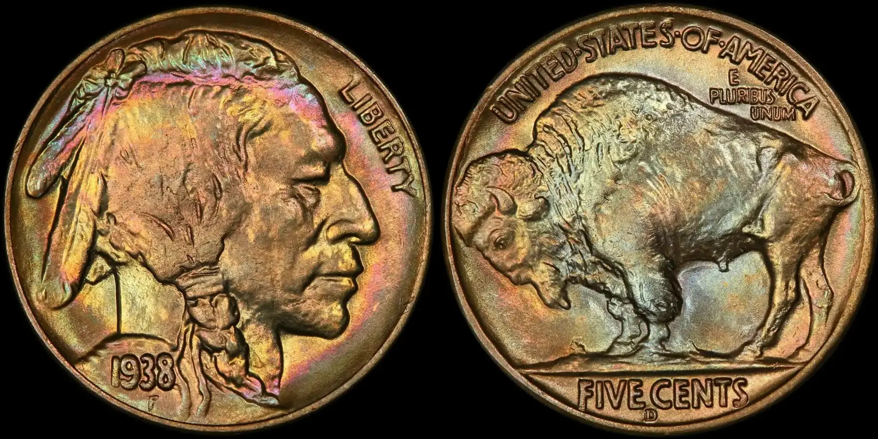 1938-D-/-D-Buffalo-Nickel-PCGS-MS-68-Rainbow-Toned