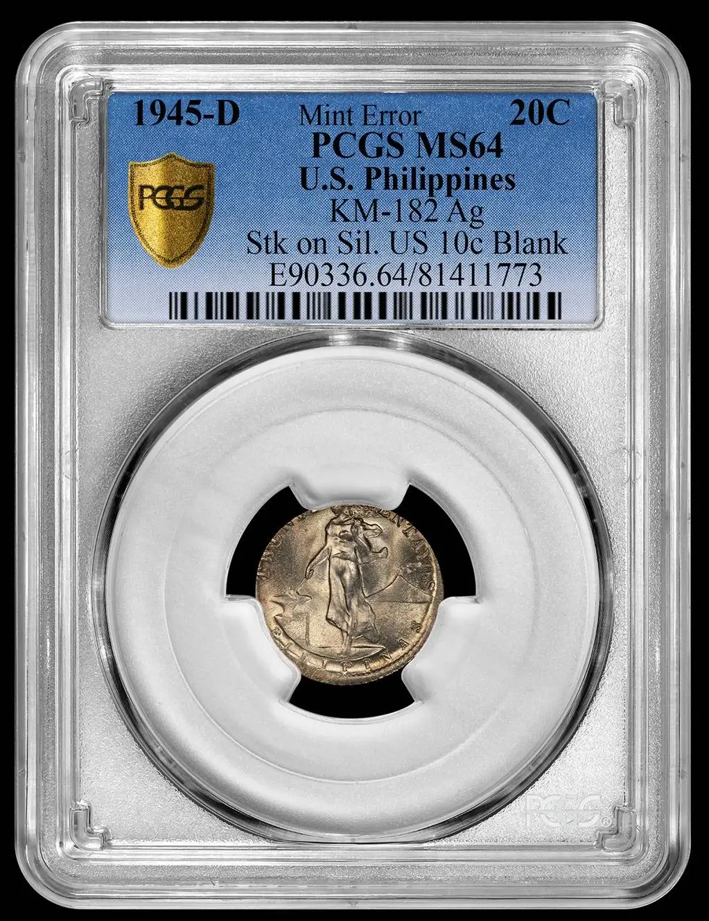1945-D-Philippines-20-Centavos-Struck-On-Undersized-Silver-10-Cent-Planchet-PCGS-MS-64
