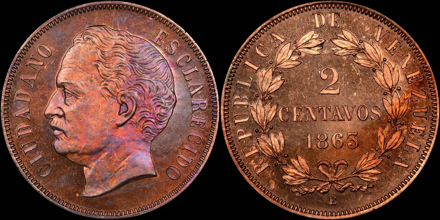Venezuela-1863-E-Proof-Essai-2-Centavos-NGC-PF-65-RB