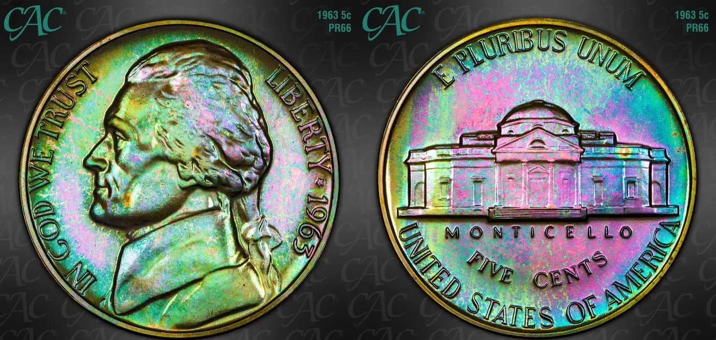 1963-Jefferson-Nickel-CAC-PR-66-Green-And-Purple-Toned
