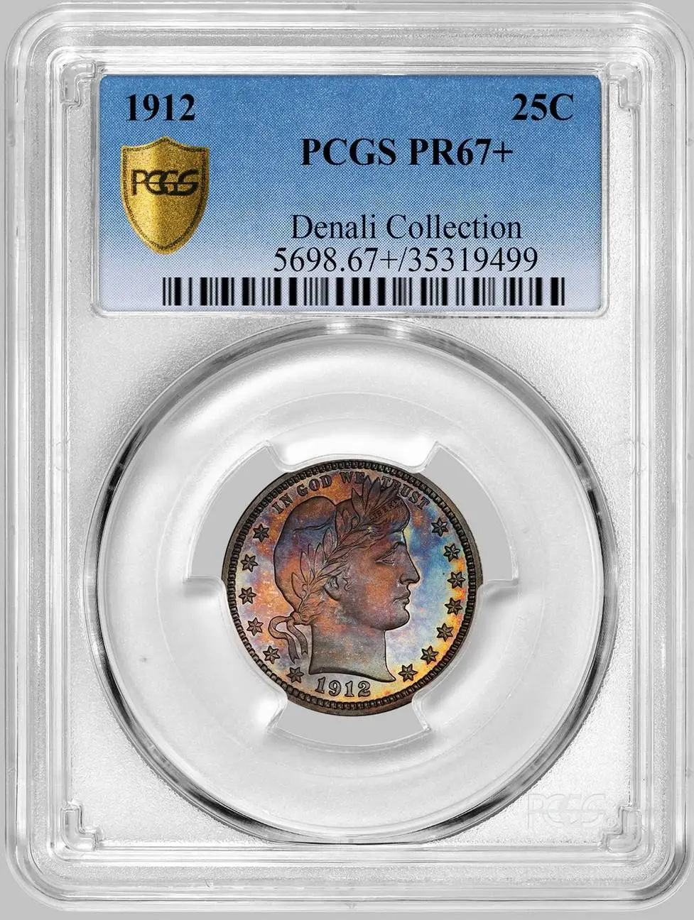 1912-Proof-Barber-Quarter-Rainbow-Toned-PCGS-PR-67+,-Denali-Collection