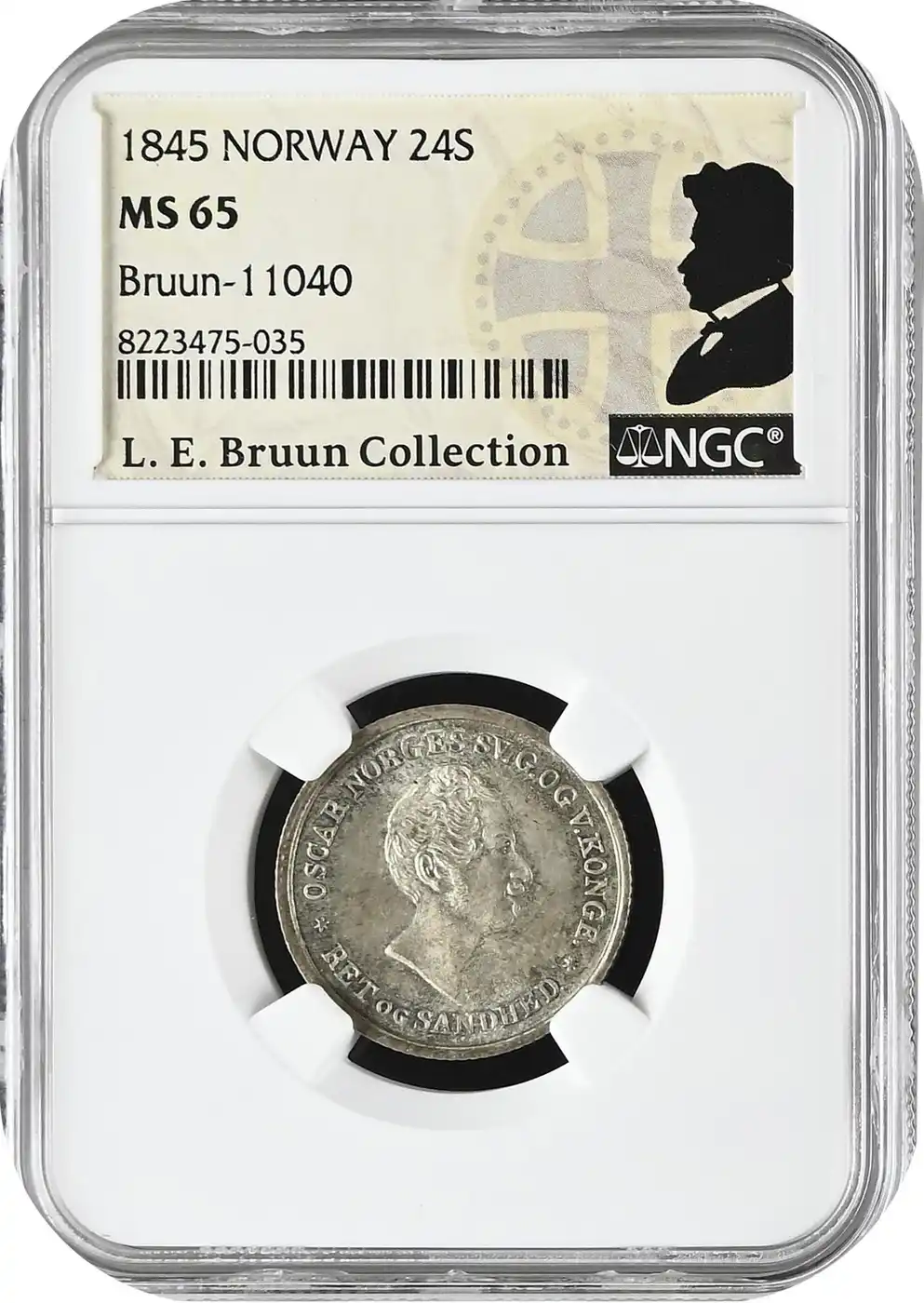 Norway-1845-24-Skilling-NGC-MS-65,-Kongsberg-Mint,-Oscar-I,-L.-E.-Bruun-Collection