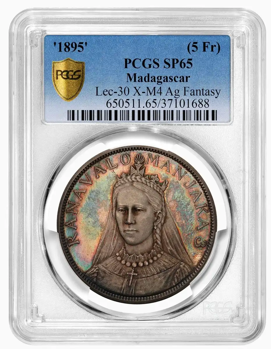 1895-Madagascar-5-Francs-PCGS-SP-65-Featuring-Queen-Ranavalona-III,-Lec-30,-X-M4-Silver-Fantasy