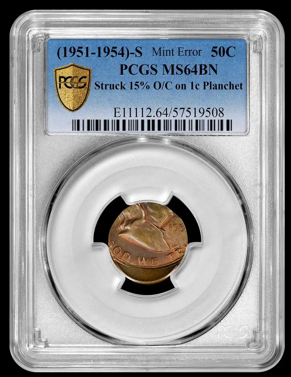 1951-1954-S-Franklin-Half-Dollar-Struck-Off-Center-On-A-Lincoln-Cent-Planchet-PCGS-MS-64BN