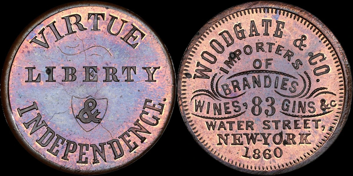 1860-New-York-Woodgate-&-Co.-Token,-Miller-Ny-997,-NGC-MS-65RB