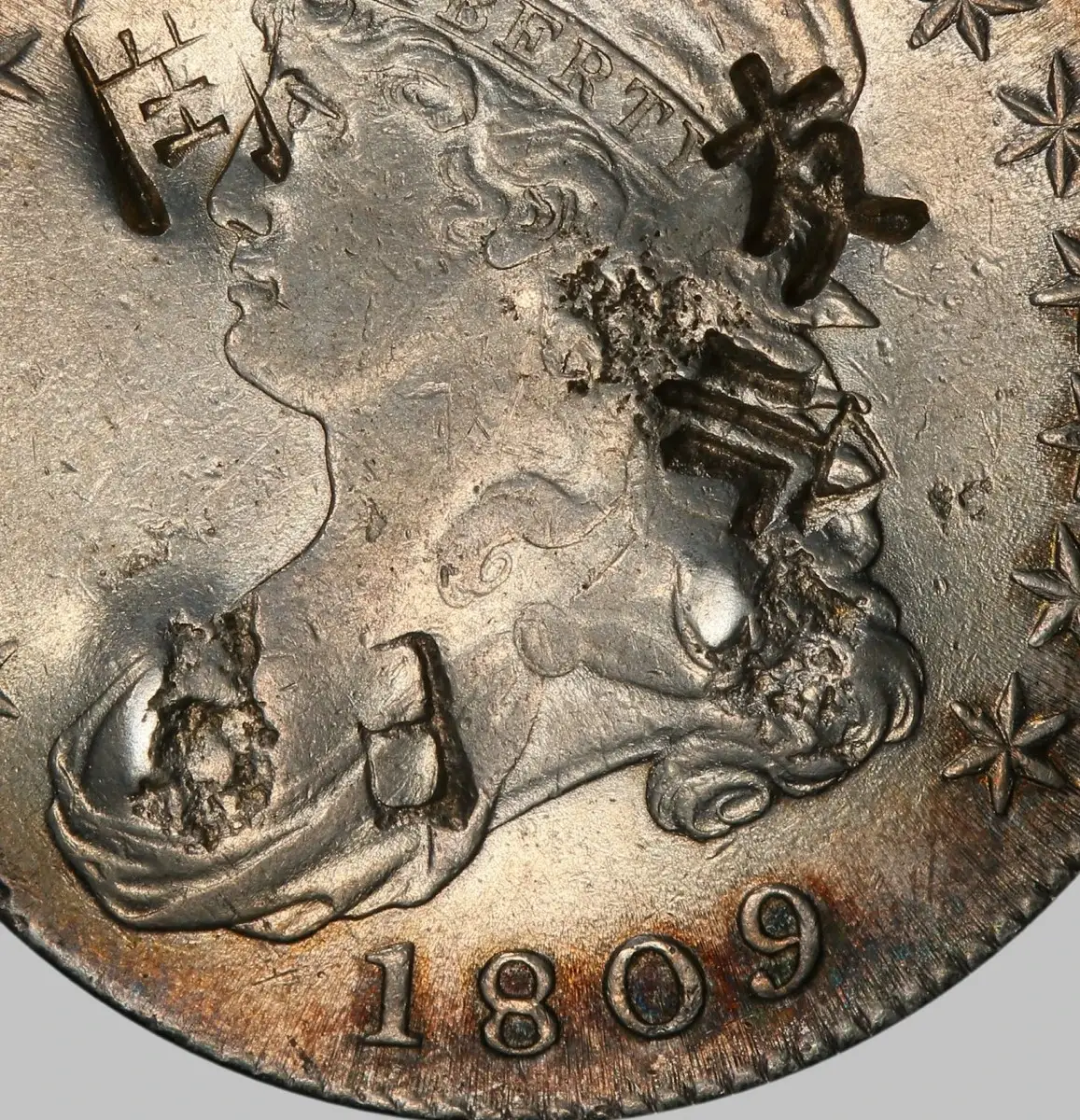 1809-Capped-Bust-Half-Dollar-With-Chinese-Chop-Marks-PCGS-Genuine---XF-Details,-98-Damage