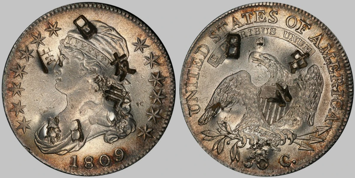 1809-Capped-Bust-Half-Dollar-With-Chinese-Chop-Marks-PCGS-Genuine---XF-Details,-98-Damage
