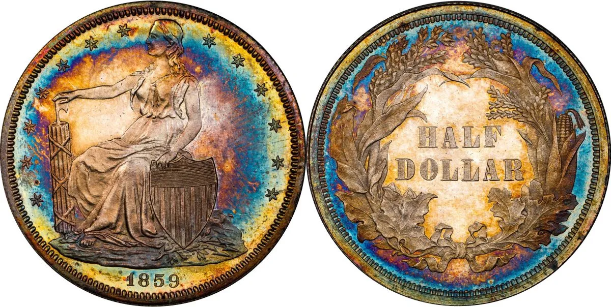 1859-Seated-Liberty-Pattern-Half-Dollar,-J-247,-CAC-PR-64+