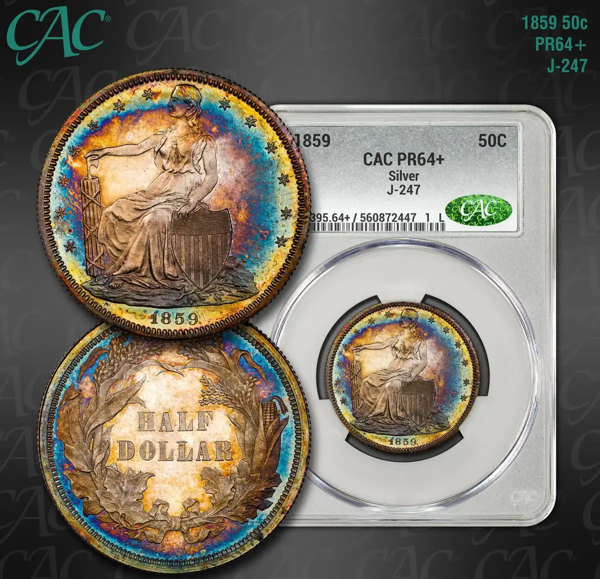 1859-Seated-Liberty-Pattern-Half-Dollar,-J-247,-CAC-PR-64+
