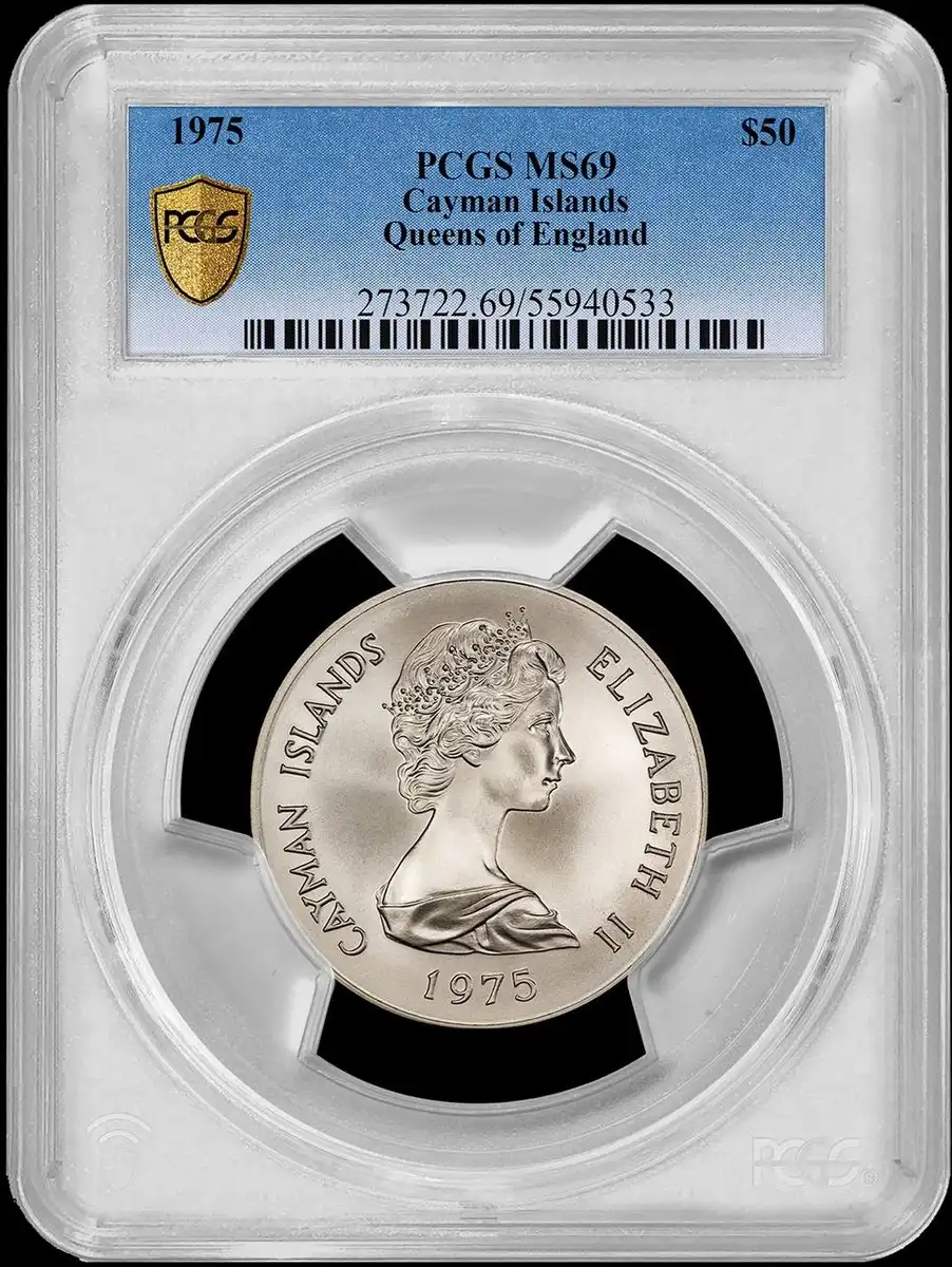 1975-$50-Cayman-Islands,-Tribute-To-The-Queens-Of-England,-PCGS-MS-69