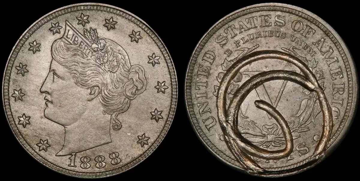 1888-Liberty-Nickel-Indented-By-Brass-Coil-Into-The-Reverse,-PCGS-MS-64,-Bolt-Collection