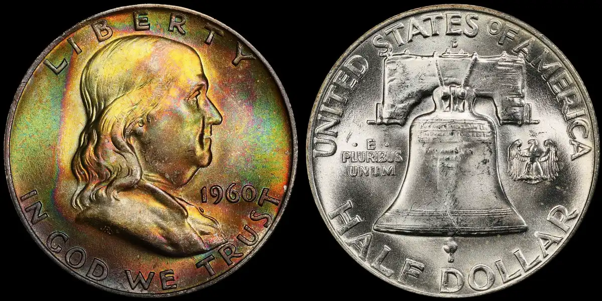1960-D-Franklin-Half-Dollar,-PCGS-MS-67FBL,-Rainbow-Toned