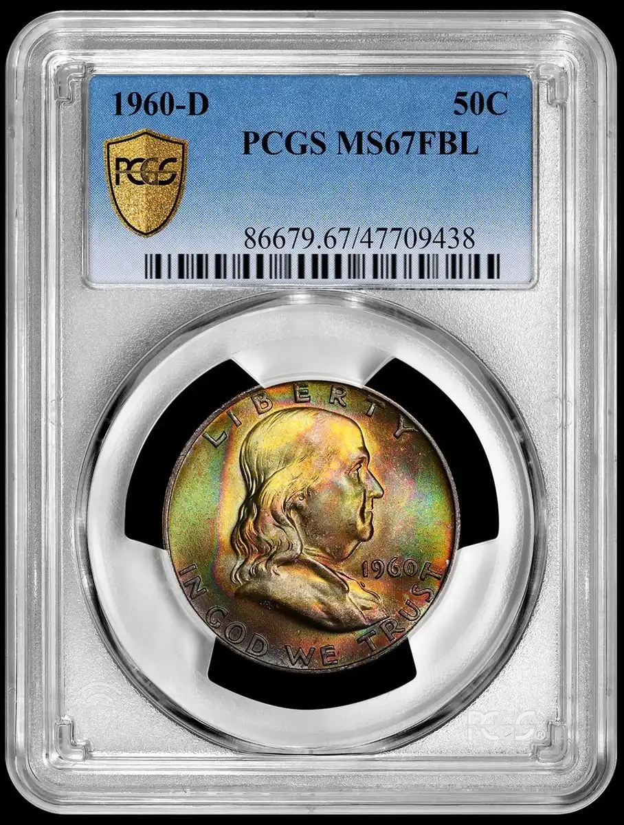 1960-D-Franklin-Half-Dollar,-PCGS-MS-67FBL,-Rainbow-Toned