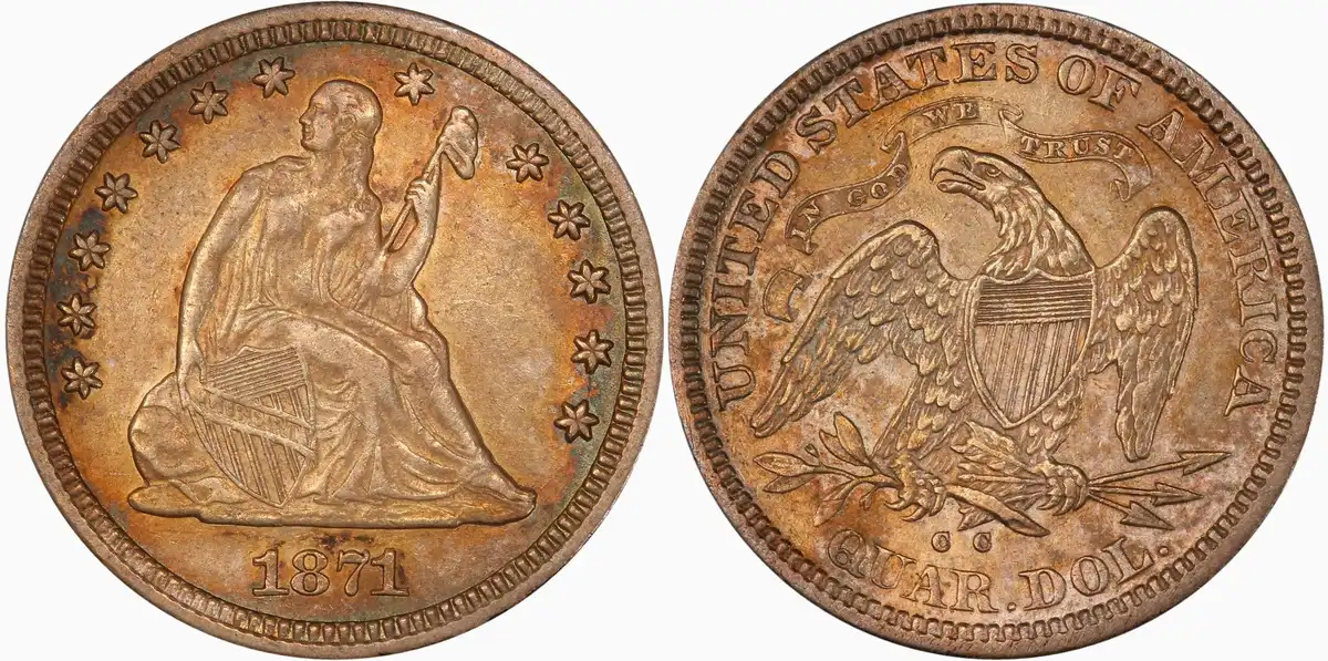 1871-CC-Seated-Liberty-Quarter,-PCGS-AU-55,-Gold-Toned