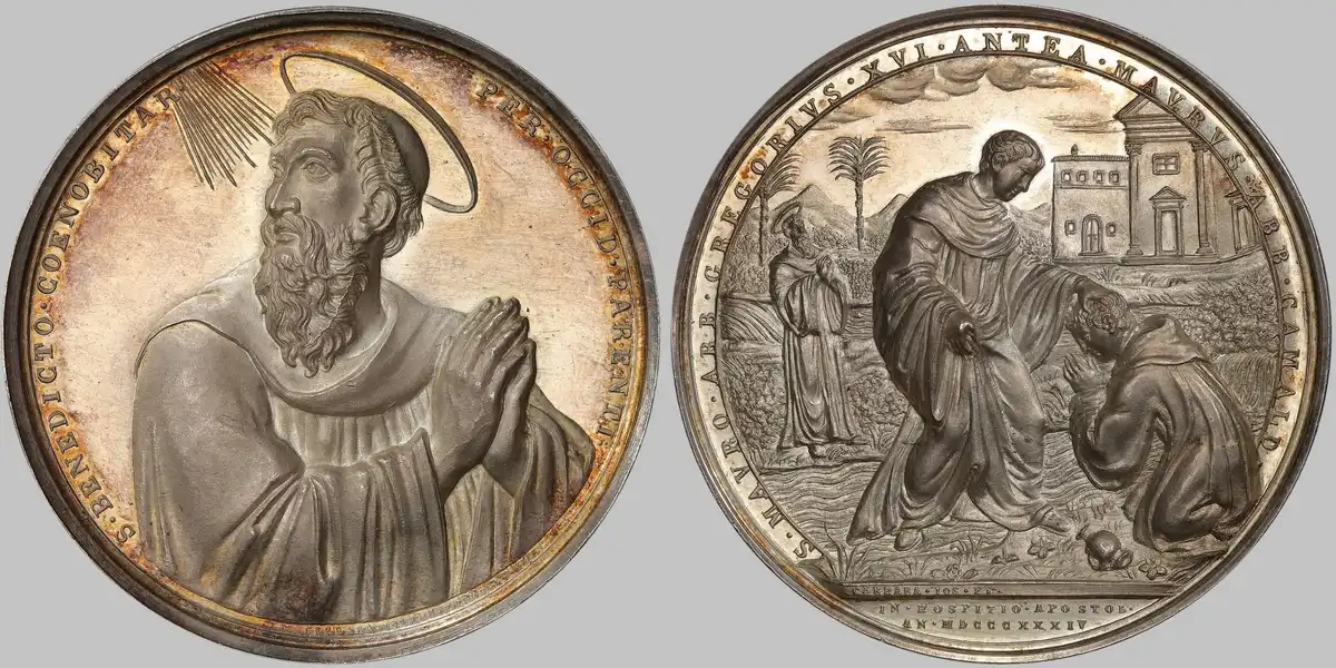 1834-Papal-States-Medal,-Saint-Benedict-And-Gregory-XVI,-PCGS-SP-64
