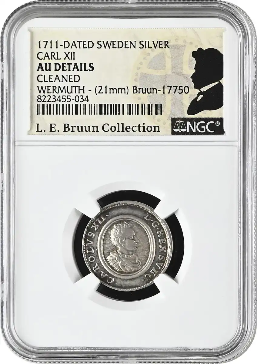 1711-Dated-Silver-Swedish-Medal,-Sweden-King-Karl-XII,-NGC-AU-Details-Cleaned,-Bruun-Collection
