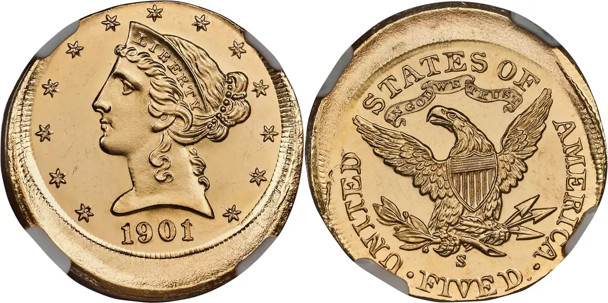 1901/0-S-Gold-Liberty-Head-Half-Eagle,-NGC-MS-64-Pl-Prooflike,-Struck-10%-Off-Center